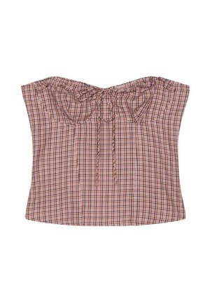 Haut bustier à carreaux marron et rose sans bretelles avec des détails froncés et un nœud devant sur fond blanc.