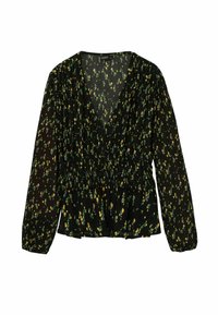 Haut noir à manches longues avec un décolleté en V profond, une taille froncée et de petits motifs floraux jaunes et verts sur un tissu texturé.