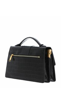 Sac à main en cuir noir avec une texture crocodile, accent de fermeture éclair dorée et une forme structurée. Comprend une poignée supérieure et un compartiment avant.