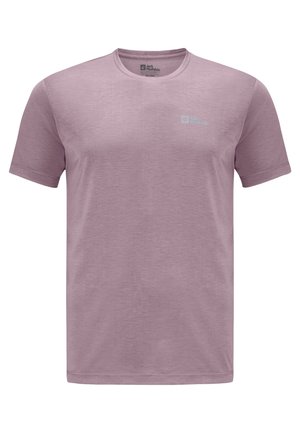 Paars T-shirt met korte mouwen, gemaakt van een zachte, gestructureerde stof. Heeft een ronde hals en een klein gedrukt logo op de bovenste linkerkant.