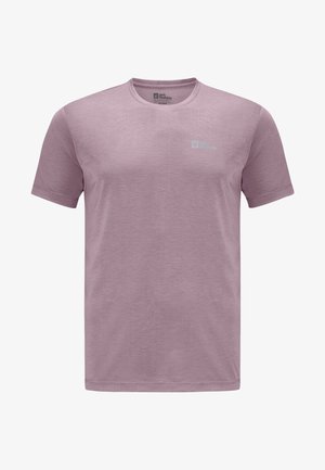 Paars T-shirt met korte mouwen, gemaakt van een zachte, gestructureerde stof. Heeft een ronde hals en een klein gedrukt logo op de bovenste linkerkant.