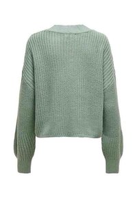 Pull en grosse maille vert clair avec manches longues et poignets côtelés, vu de dos.
