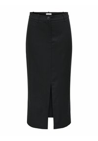 Zwarte pencil skirt met verticale streepdessin, voorzien van een split aan de voorkant, een tailleknopenluiting en een getailleerde pasvorm. Gemaakt van een gladde stof.