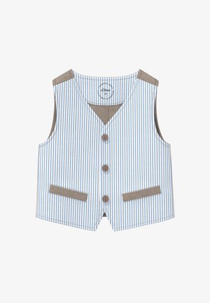 Niebiesko-biała kamizelka w pionowe paski z dekoltem w serek, dwiema przednimi kieszeniami i brązowymi akcentami. Zapinana na trzy guziki. Wykonana z mieszanki bawełny.