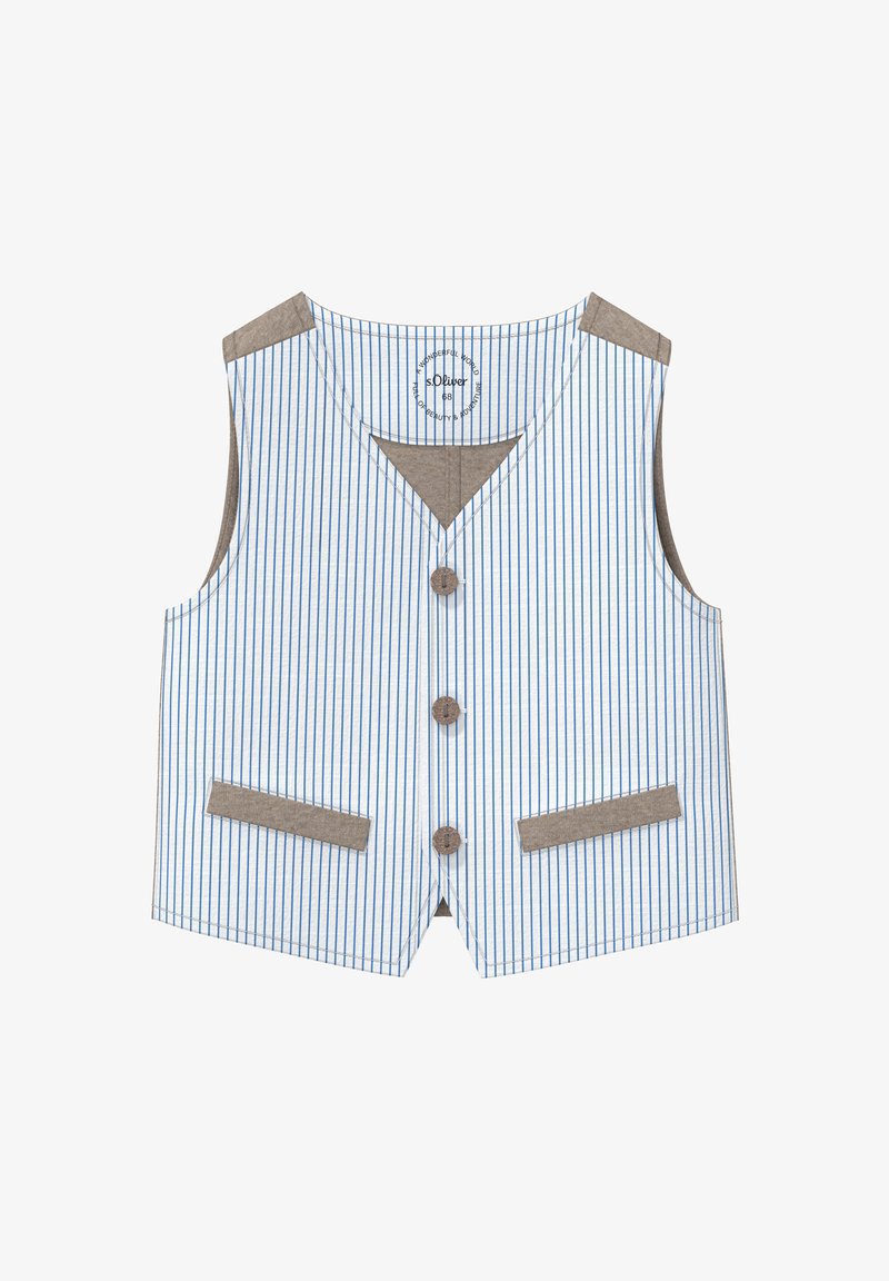 Niebiesko-biała kamizelka w pionowe paski z dekoltem w serek, dwiema przednimi kieszeniami i brązowymi akcentami. Zapinana na trzy guziki. Wykonana z mieszanki bawełny.