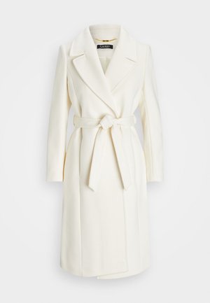 Weißer Wollmischungs-Mantel mit tailliertem Gürtel, Reverskragen und langen Ärmeln; zeichnet sich durch eine glatte, strukturierte Oberfläche und ein mittelanges Design aus.