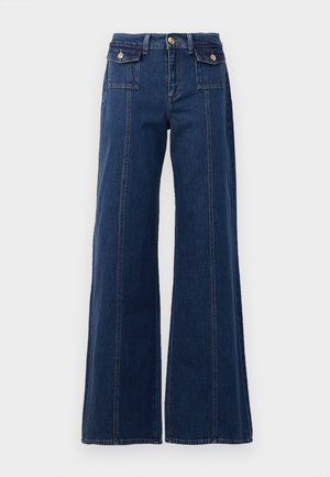 Dark blue wide-leg jeans made of denim. Features four pockets, large stitching details, and a high waist design. Classic button closure.