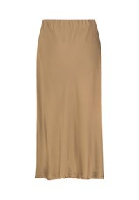 Midikleid aus hellbraunem Satin mit elastischem Bund, glatter Textur und einer geraden Silhouette mit dezentem Glanz.