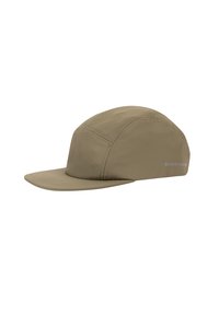 Beige cap with a rounded crown and a flat visor, made of lightweight, smooth material. Features decorative stitching and a logo on the side.