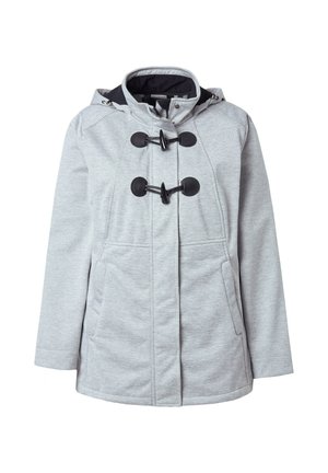 Lichtgrijze gewatteerde jas met capuchon, zwarte sluitingen met trekkers, twee voorzakken en lange mouwen.