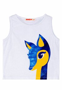 White sleeveless cotton tank top featuring a blue and yellow stylized deer graphic on the front. Smooth texture with a round neck.