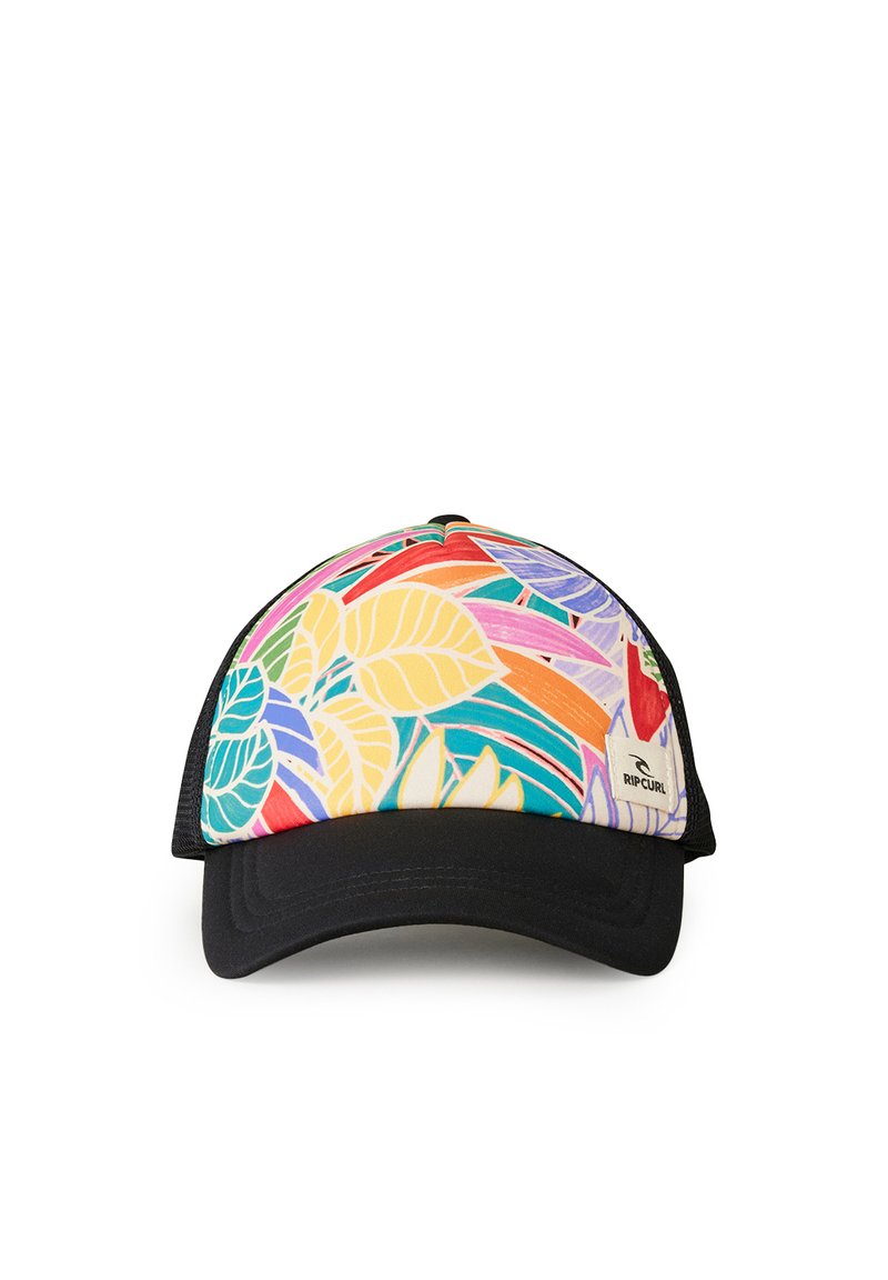 Casquette de camionneur avec un motif de feuilles colorées à l'avant et un dos en maille noire. Conçue à partir de matériaux légers.