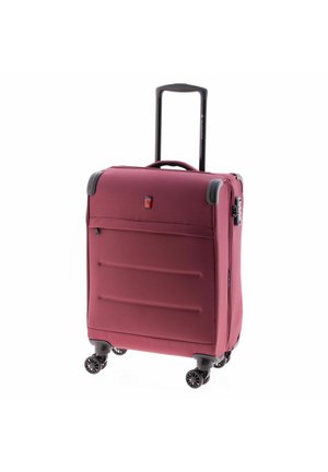 Valise souple marron avec poignée télescopique, quatre roues multidirectionnelles pivotantes, poche avant et serrure à combinaison latérale.