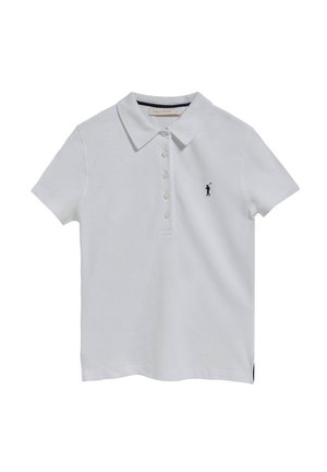 Hvid kortærmet poloshirt med fem knapper og en lille marineblå golfspillerlogo broderet på venstre bryst.