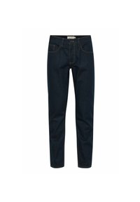 Jeans in denim blu scuro con taglio slim, caratterizzati da cinque tasche, chiusura con zip e dettagli di cuciture contrastanti in giallo.