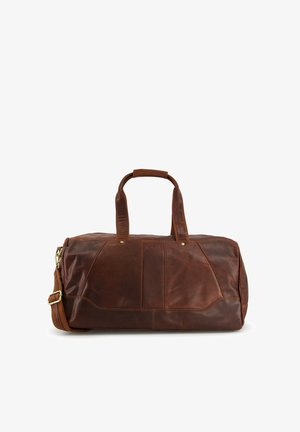 Brown leather duffel bag with dual handles and a detachable shoulder strap. Features stitched accents and a smooth texture.