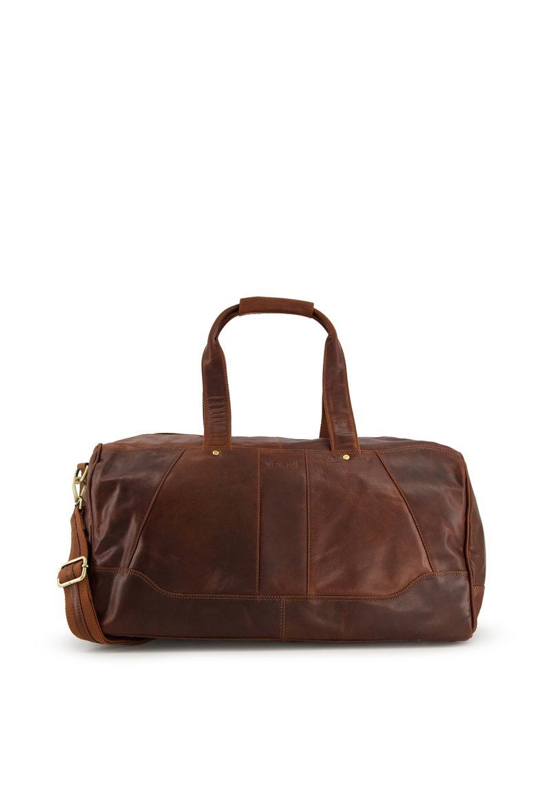 Braune Leder-Duَّffel-Tasche mit doppelten Griffen und einem abnehmbaren Schultergurt. Verfügt über genähte Akzente und eine glatte Textur.