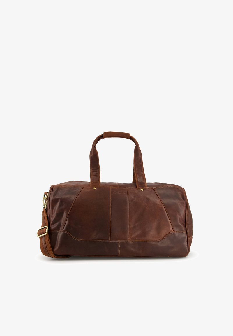 Braune Leder-Duَّffel-Tasche mit doppelten Griffen und einem abnehmbaren Schultergurt. Verfügt über genähte Akzente und eine glatte Textur.