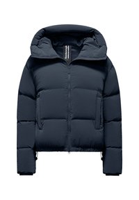 Giacca imbottita blu scuro con ampio colletto, zip frontale e tasche anteriori, progettata per il freddo.