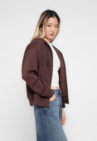 Brown hooded sweatshirt with a zip front, featuring a graphic logo and kangaroo pocket, paired with high-waisted denim shorts.