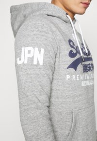 Grå hoodie med vit "JPN" text på ärmen, snörning och en strukturiserad tygkvalitet. Har ett tryckt mönster på bröstet.