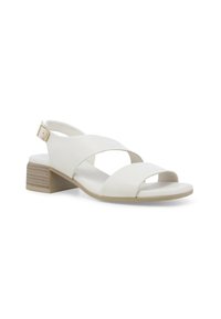 Sandal bianco con punta aperta e design a strap incrociati. Realizzato in materiale sintetico liscio, presenta un tacco basso impilato e una cinghia alla caviglia regolabile.