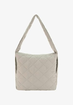 Sac à bandoulière beige matelassé avec une surface douce et texturée et une large sangle, doté d'une fermeture éclair et d'une forme rectangulaire.