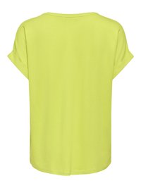 Κίτρινο γυναικείο κοντομάνικο T-shirt με γυρισμένες μανσέτες και στρογγυλή λαιμόκοψη, απεικονίζεται από πίσω σε λευκό φόντο.