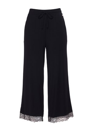 Pantalon noir à jambes larges avec bordure en dentelle à l'ourlet et taille à cordon de serrage.