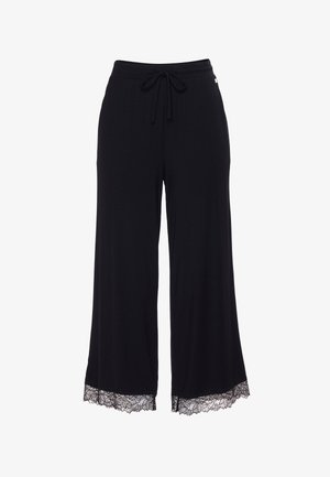 Pantalon noir à jambes larges avec bordure en dentelle à l'ourlet et taille à cordon de serrage.