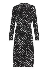 Svart klänning med långa ärmar som har ett vitt abstrakt triangelmönster, knapplås framtill och ett bälte i midjan för justerbar passform.
