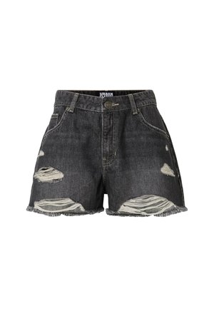 Black denim shorts with frayed hems, distressed patches on front, classic five-pocket style, and button closure at the waist.