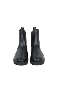 Bottines en cuir noir avec une texture lisse, bout pointu et semelle en caoutchouc striée. Présente des poignées contrastantes en rose et des coutures décoratives.