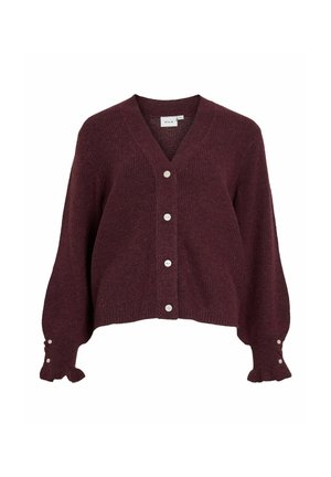 Burgundska pletena cardigan s V-izrezom, sprednjimi gumbi in razširjenimi rokavi z gumbnimi detajli. Mehak material z rebrastim teksturo.