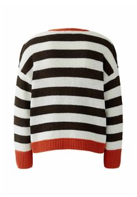 Pull en maille à rayures horizontales noires et blanches, avec poignets, ourlet et encolure orange, vu de dos.