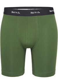 Grüne Boxershorts aus weichem Stoff mit einem schwarzen Bündchen, auf dem der Text "Phil & Co." steht. Sie betonen ein enganliegendes Design und eine glatte Textur.
