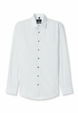 Langarm gestreept shirt in lichtblauw en wit, met een klassieke kraag, een knopenrij met blauwe knopen en een afgeronde zoom.