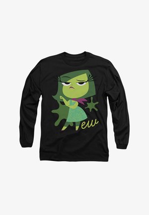 Black long-sleeve shirt featuring a green cartoon character in a patterned dress with a purple scarf, displaying a disapproving expression.