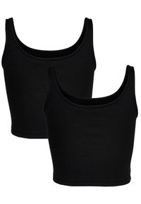 Black cotton crop tops with a ribbed texture, featuring a wide neckline and tank-style straps. Two identical pieces included.