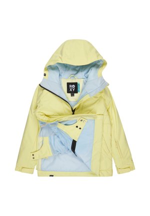 Żółta wodoodporna kurtka z odpinaną niebieską podszewką, zamkiem błyskawicznym z przodu, regulowanym kapturem i wieloma kieszeniami wewnętrznymi. Widoczne logo Roxy.