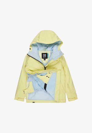 Gelbe wasserdichte Jacke mit abnehmbarem blauem Innenfutter, Reißverschluss vorne, verstellbarer Kapuze und mehreren Innentaschen. Sichtbares Roxy-Logo.