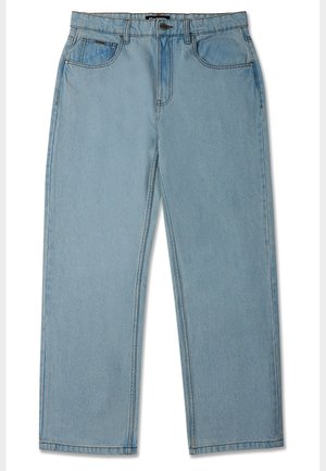 Lyseblå lige jeans lavet af denim, med knap- og lynlåslukning, fem lommer og kontraststikninger.