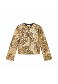 Veste en sequins dorés avec un motif floral texturé, col rond et manches longues. Comprend une doublure intérieure noire et une fermeture à l'avant.