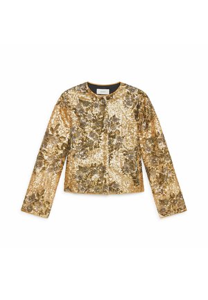 Gold sequin jacket with a textured floral pattern, round neck, and long sleeves. Features a black inner lining and front closure.