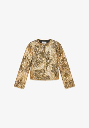 Giacca in paillettes d'oro con motivo floreale testurizzato, collo rotondo e maniche lunghe. Presenta una fodera interna nera e chiusura frontale.
