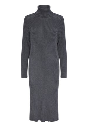 Dunkelgraues, gerippt gestricktes Rollkragenkleid mit langen Ärmeln und einem geraden Saum, der bis zur Mitte der Wade reicht.