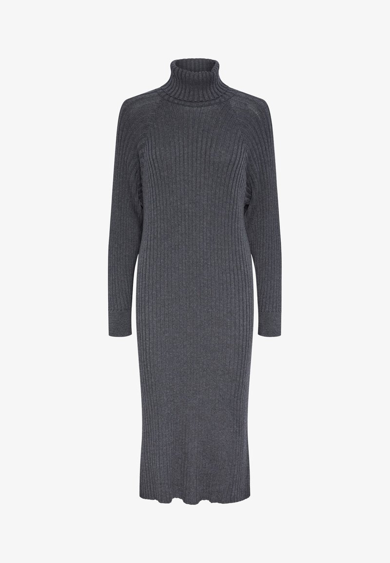 Robe-pull à col roulé en maille côtelée gris foncé, manches longues et ourlet droit longueur mi-mollet.