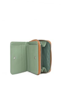 Green leather wallet with tan zipper trim, featuring card slots, a zippered compartment, and an embossed hexagonal pattern interior.