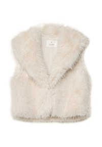 Faux-Fur-Weste in sanftem Beige mit einem breiten Kragen, im verkürzten Design. Das Innenfutter ist glatt. Etikett innen sichtbar.