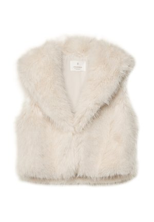Faux-Fur-Weste in sanftem Beige mit einem breiten Kragen, im verkürzten Design. Das Innenfutter ist glatt. Etikett innen sichtbar.